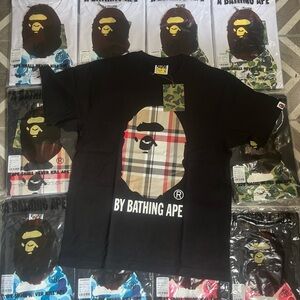 Bape Black Short Sleeve Tee with Plaid Ape Head